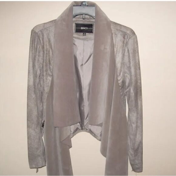 BNCI Waterfall Open Cardigan Jacket. Small. Greyish/tan. Velour/faux sueded leat - Picture 1 of 11